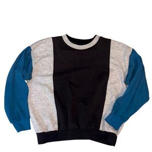 Vtg 1980s Triples Colorblock Sweatshirt Gray Black Blue L Fleece